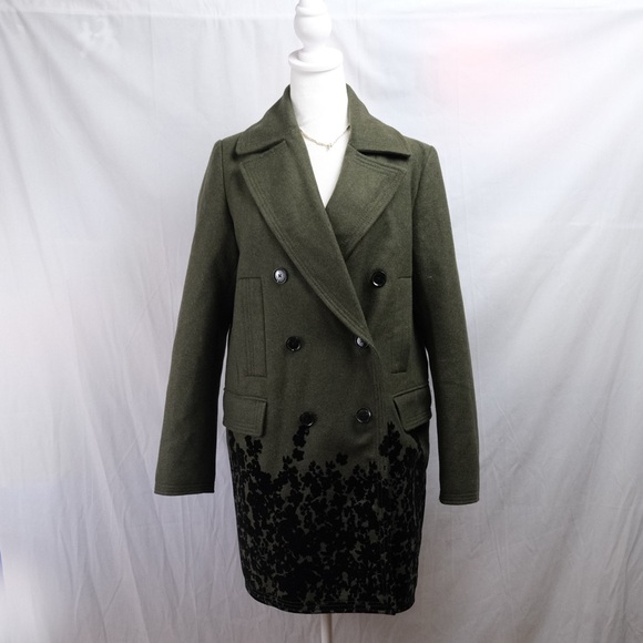 Banana republic green and black wool blend flocked hem pea coat. Size S - Picture 2 of 9